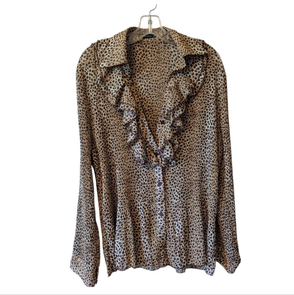 Ruffled Leopard-Print Blouse - Beige/Black Metallic Gold Thread Sz. XL